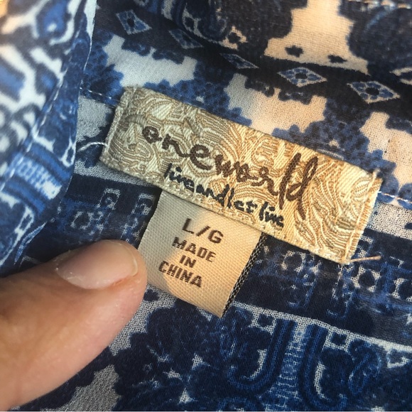 One World Women’s Size L White/Blue Paisley Floral Chiffon Blouse 3/4 Sleeves - Picture 7 of 16